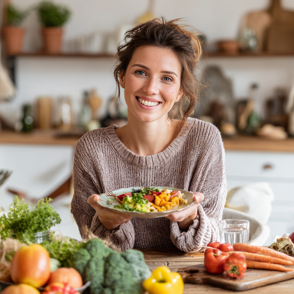 Smiling European woman in her 30s holding a colorful healthy meal plan, realistic professional photography style